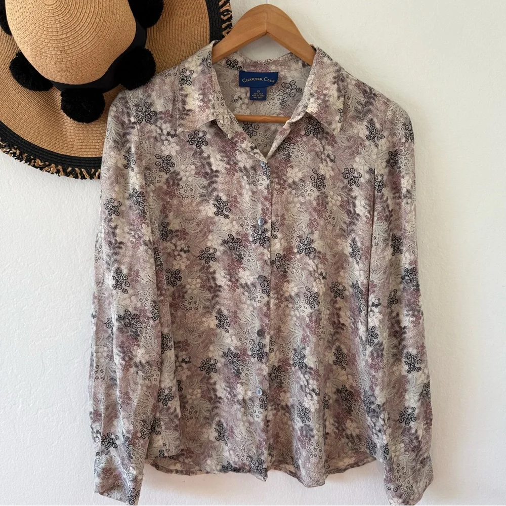 Vintage Charter Club Silk Floral Button Down Blouse Size 10